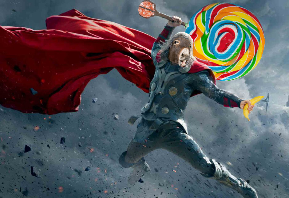 Thor with lollipop hammer and holding a banana